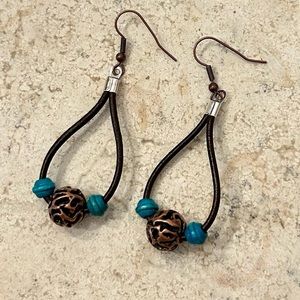 Leather, copper, wood bead earrings